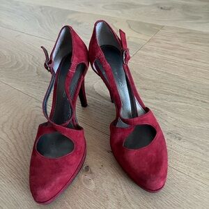 Red suede platform heels